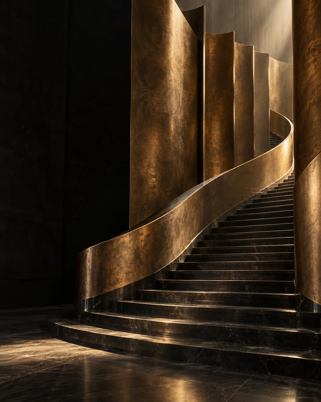 Escalier sculptural en pierre sombre, encadré de courbes en bronze et éclairé par une lumière dorée.
